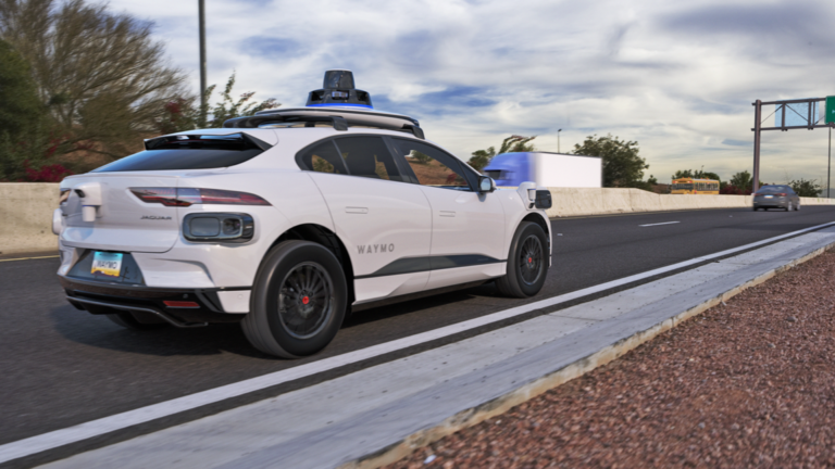 Waymo begins robotaxi testing without human safety driver on Phoenix freeways Waymo's autonomous Jaguar I-Pace robotaxi on the freeway
