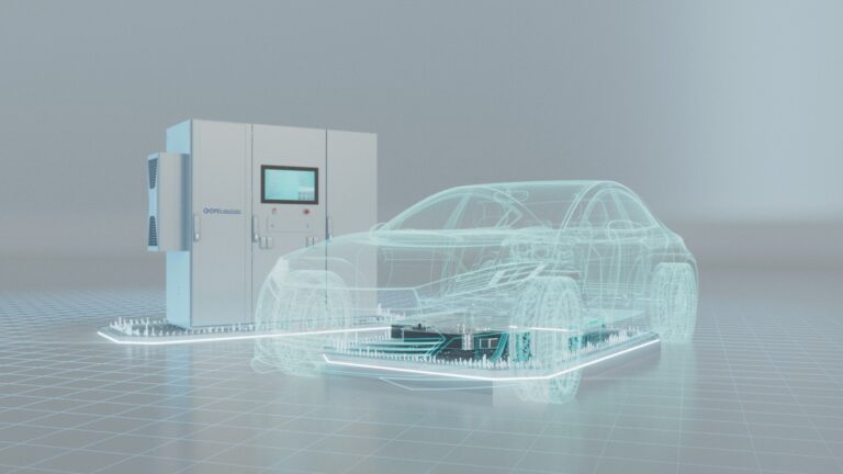 Schematic outline of a car with a battery test solution behind it.