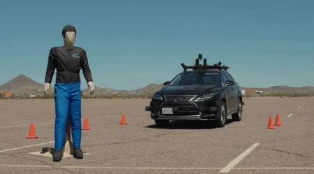 Waabi launches mixed reality testing to support AV safety development A car approaches a standing test dummy in a desert location