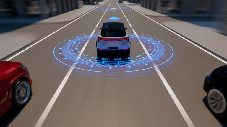 FocalPoint and STMicroelectronics to showcase latest test results for S-GNSS positioning software A diagram of an autonomous vehicle on a highway with blue lights demonstrating its connectivity and sensors