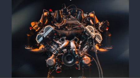 The Zenvo Automotive Mjølner powertrain shown free-standing against a black background