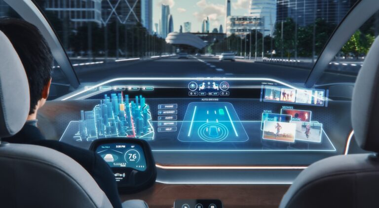 A vehicle cockpit with information displayed by HUD systems and dash screens