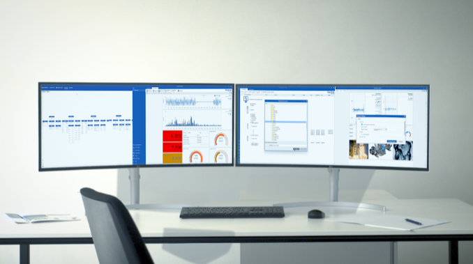 Three desktop screens with displays from th Gantner GI.bench 2025 data acquisition software