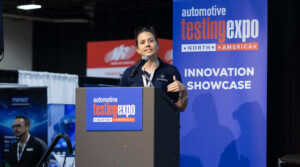 Becky Linton, engineering team lead at Spherea US, speaking at the Innovation Showcase at Automotive Testing Expo 2025 in Novi, Michigan