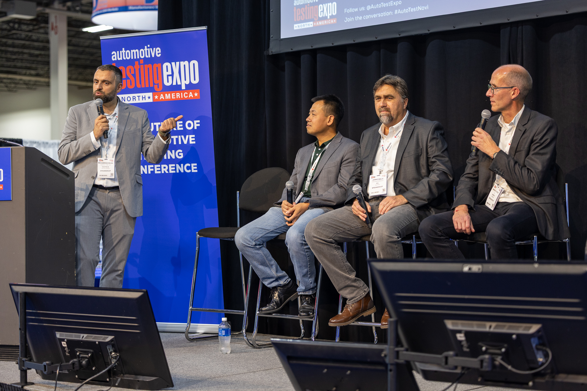 Panel discussion titled, ASAM’s view on future testing requirements – from specification to execution, from virtual to real. The session explored how emerging technologies such as software-defined vehicles, autonomous vehicles, and artificial intelligence are changing vehicle testing requirements. The panelists from left to right: Mohammad Musa, founder and CEO of Deepen AI; Yao Zhai, co-founder of U PowerTech; Josko Balic, program manager at AVL; and Marius Dupuis, CEO of ASAM. 