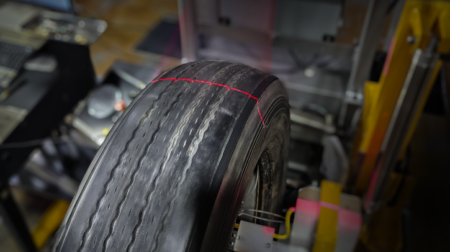 Michelin rolls out TreadEye across US retread network Michelin TreadEye being used to measure tire tread.