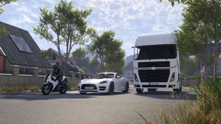 Virtual ECU integration and AV testing augmented within IPG’s CarMaker Screenshot of IPG's CarMaker with a motorcycle and rider, a car, and a truck, on a street.
