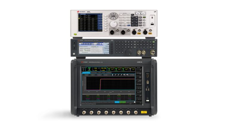 Keysight's UXM-based Next Generation eCall solution shown in promi pic against a white background. The solution has a number of display screens and buttons and dials