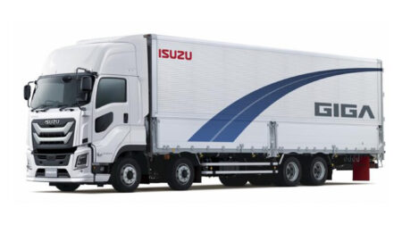 Sumitomo Sensing Core wheel detachment prediction system fitted as standard on new Isuzu Giga truck An Isuzu heavy-duty Giga truck shown in profile pic against a white background