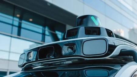 Close up of the front of a dark grey self-driving vehicle.